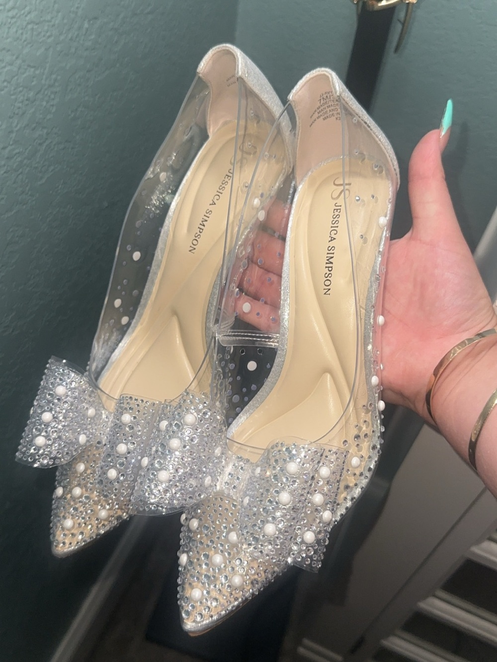 Jessica Simpson Clear Pearl & Rhinestone Bow Pointed Flats